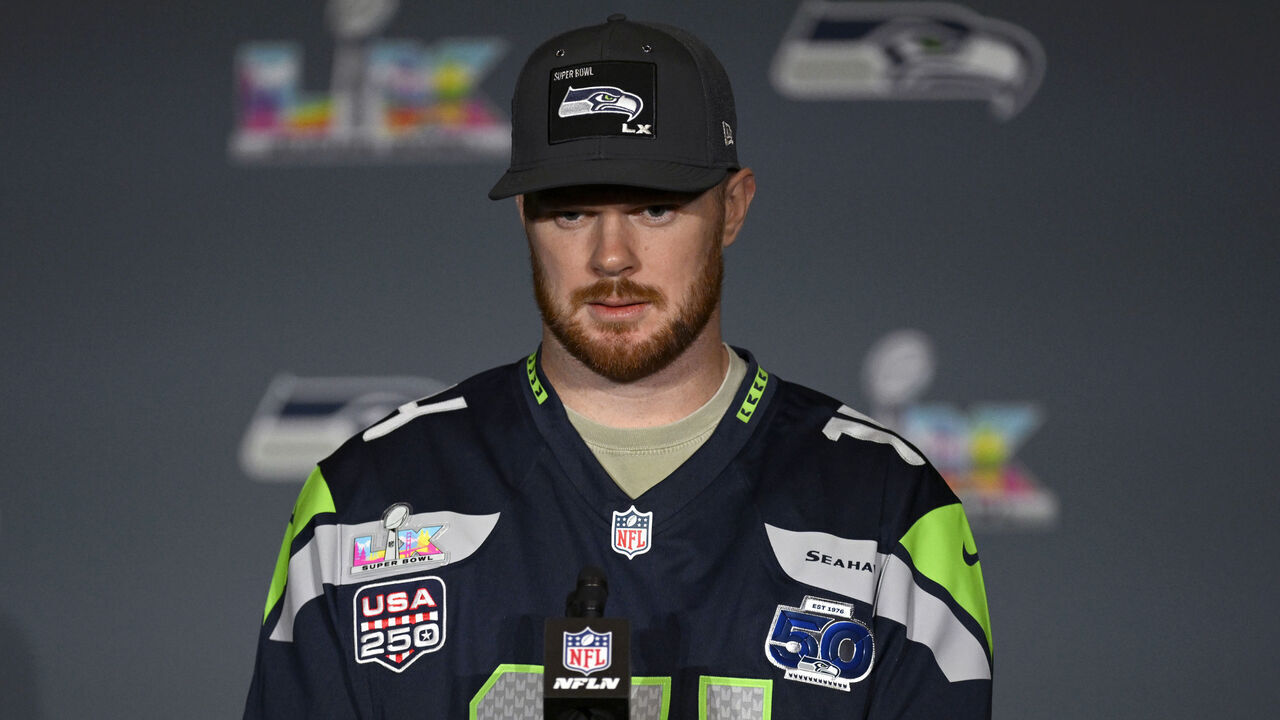 SAN JOSE, CALIFORNIA - FEBRUARY 04: Sam Darnold #14 of the Seattle Seahawks speaks to the media ahead of Super Bowl LX at the San Jose Convention Center on February 04, 2026 in San Jose, California.