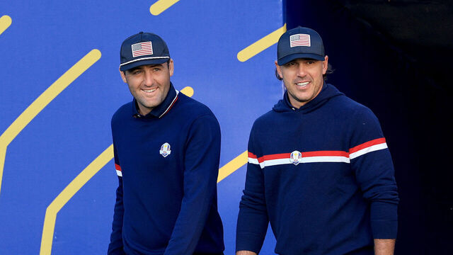 ROME, ITALY - SEPTEMBER 30: Scottie Scheffler of The United States Team and his partner Brooks Koepka walk onto the tee on the first hole in their match against Ludwig Aberg and Viktor Hovland during the Saturday morning foursomes matches of the 2023 Ryder Cup at Marco Simone Golf Club on September 30, 2023 in Rome, Italy.