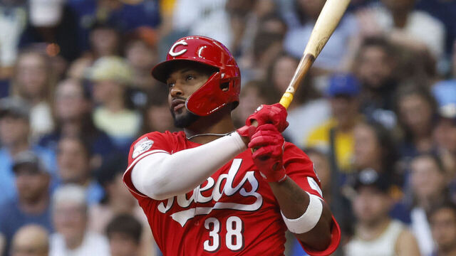 MILWAUKEE, WI - SEPTEMBER 27: Cincinnati Reds outfielder Miguel Andujar (38) bats during a game between the Milwaukee Brewers and the Cincinnati Reds on September 27, 2025 at American Family Field in Milwaukee, WI.