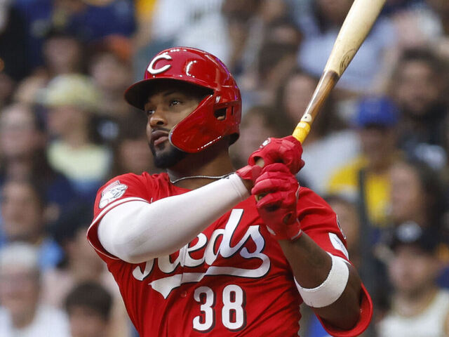 MILWAUKEE, WI - SEPTEMBER 27: Cincinnati Reds outfielder Miguel Andujar (38) bats during a game between the Milwaukee Brewers and the Cincinnati Reds on September 27, 2025 at American Family Field in Milwaukee, WI.