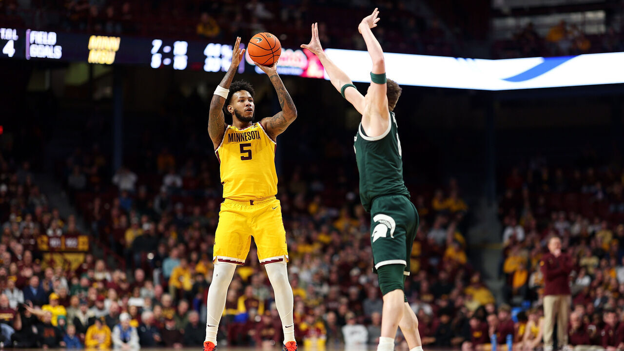 MINNEAPOLIS, MINNESOTA - FEBRUARY 04: Jaylen Crocker-Johnson #5 of the Minnesota Golden Gophers shoots the ball against Jaxon Kohler #0 of the Michigan State Spartans in the first half at Williams Arena on February 04, 2026 in Minneapolis, Minnesota.