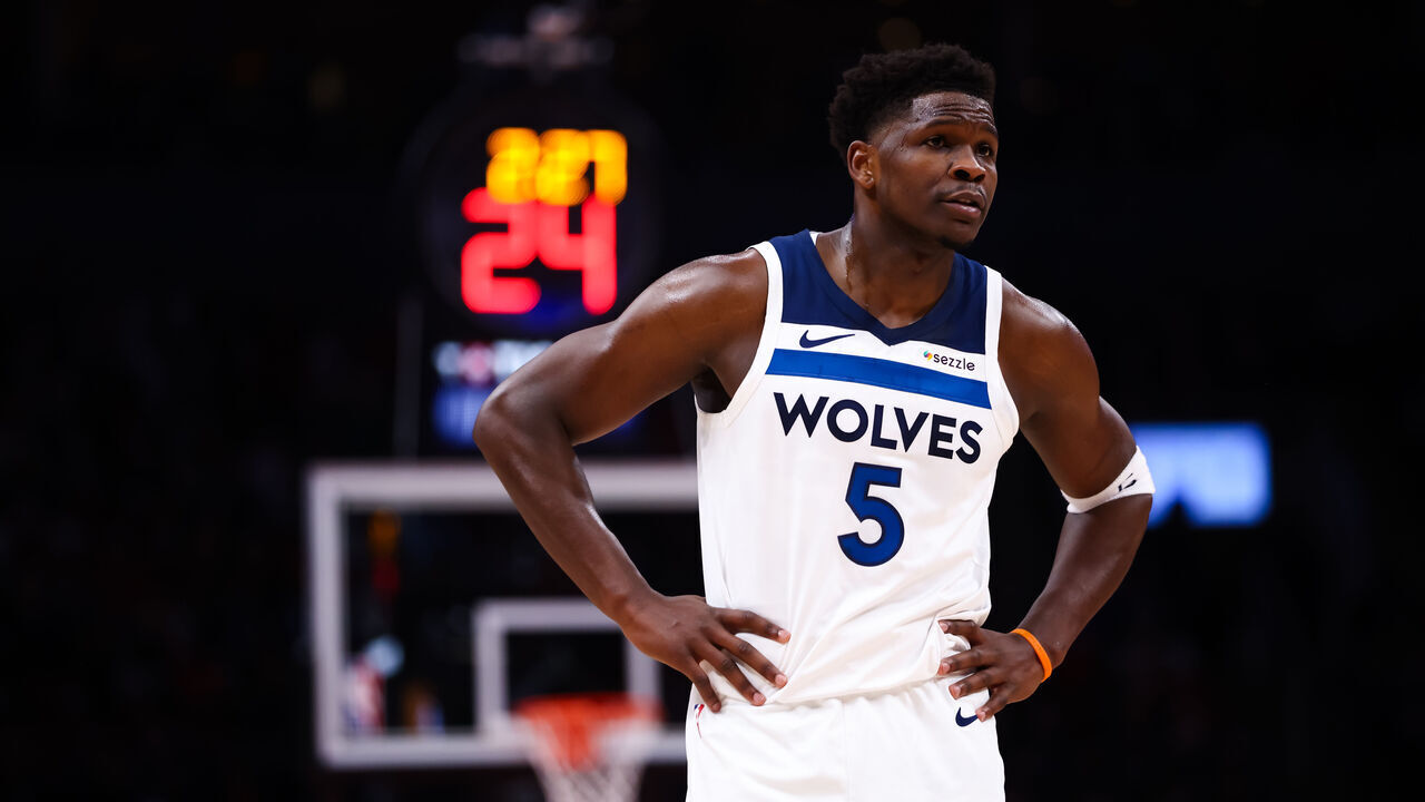 TORONTO, CANADA - FEBRUARY 4: Anthony Edwards #5 of the Minnesota Timberwolves reacts during the first half of their NBA game against the Toronto Raptors at Scotiabank Arena on February 4, 2026 in Toronto, Ontario, Canada. NOTE TO USER: User expressly acknowledges and agrees that, by downloading and/or using this Photograph, user is consenting to the terms and conditions of the Getty Images License Agreement