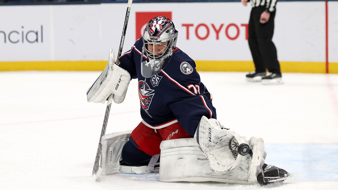 COLUMBUS, OHIO - FEBRUARY 4: Jet Greaves #73 of the Columbus Blue Jackets makes a save during the second period of the game against the Chicago Blackhawks at Nationwide Arena on February 4, 2026 in Columbus, Ohio.