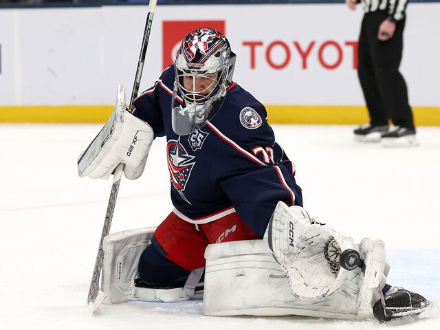 COLUMBUS, OHIO - FEBRUARY 4: Jet Greaves #73 of the Columbus Blue Jackets makes a save during the second period of the game against the Chicago Blackhawks at Nationwide Arena on February 4, 2026 in Columbus, Ohio.
