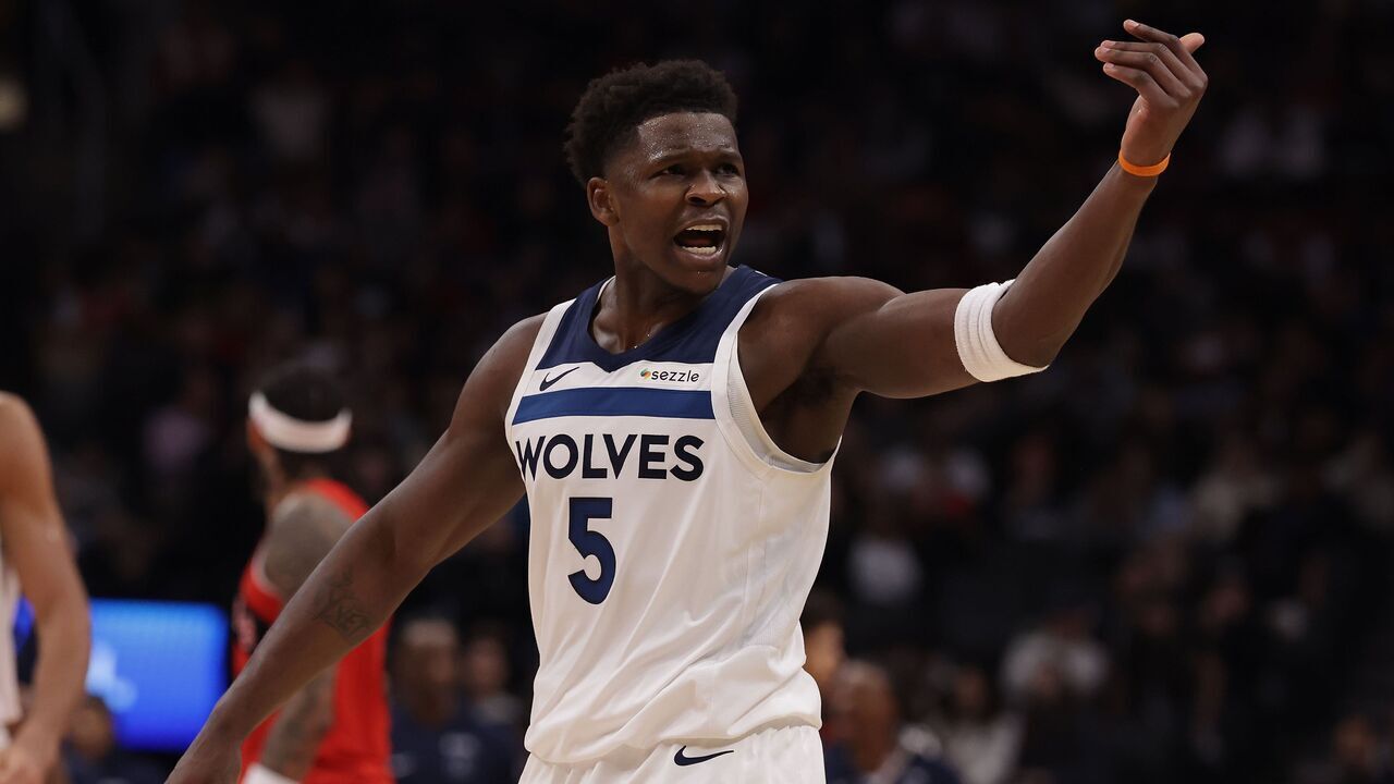 TORONTO, ON- FEBRUARY 4 - Anthony Edwards #5 of the Minnesota Timberwolves celebrates after he hits a three pointer to take the lead with 1:06 left on the clock as the Toronto Raptors play the Minnesota Timberwolves at Scotiabank Arena in Toronto. February 4, 2026. Steve Russell/Toronto Star (Steve Russell/Toronto Star via Getty Images)