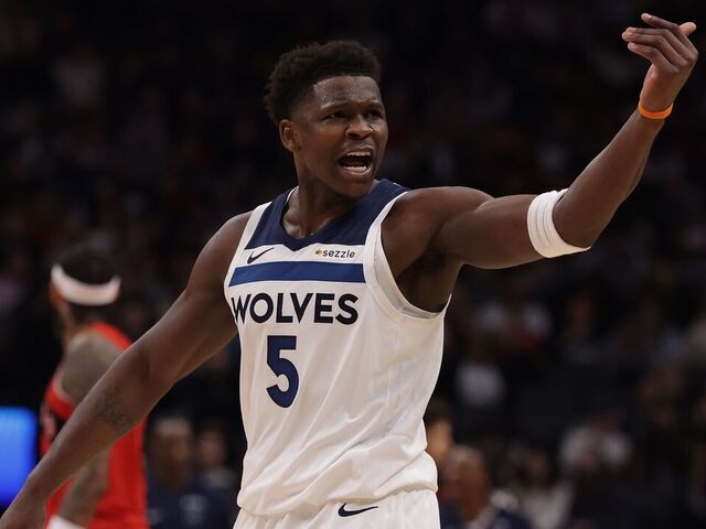 TORONTO, ON- FEBRUARY 4 - Anthony Edwards #5 of the Minnesota Timberwolves celebrates after he hits a three pointer to take the lead with 1:06 left on the clock as the Toronto Raptors play the Minnesota Timberwolves at Scotiabank Arena in Toronto. February 4, 2026. Steve Russell/Toronto Star (Steve Russell/Toronto Star via Getty Images)