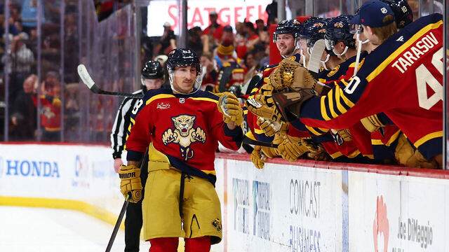 SUNRISE, FLORIDA - FEBRUARY 04: Brad Marchand #63 of the Florida Panthers celebrates scoring a goal against the Boston Bruins during a shootout at Amerant Bank Arena on February 04, 2026 in Sunrise, Florida.