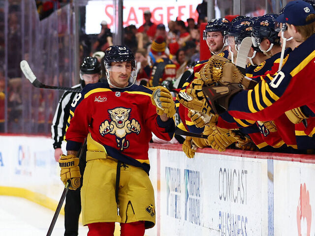 SUNRISE, FLORIDA - FEBRUARY 04: Brad Marchand #63 of the Florida Panthers celebrates scoring a goal against the Boston Bruins during a shootout at Amerant Bank Arena on February 04, 2026 in Sunrise, Florida.