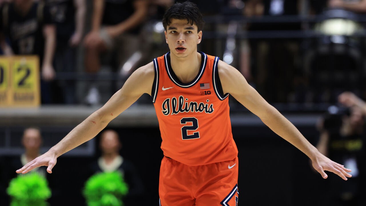 WEST LAFAYETTE, INDIANA - JANUARY 24: Andrej Stojakovic #2 of the Illinois Fighting Illini looks on against the Purdue Boilermakers at Mackey Arena on January 24, 2026 in West Lafayette, Indiana.