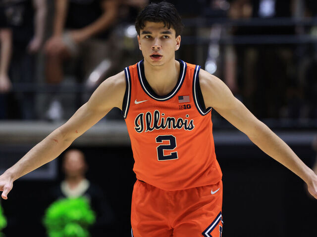 WEST LAFAYETTE, INDIANA - JANUARY 24: Andrej Stojakovic #2 of the Illinois Fighting Illini looks on against the Purdue Boilermakers at Mackey Arena on January 24, 2026 in West Lafayette, Indiana.