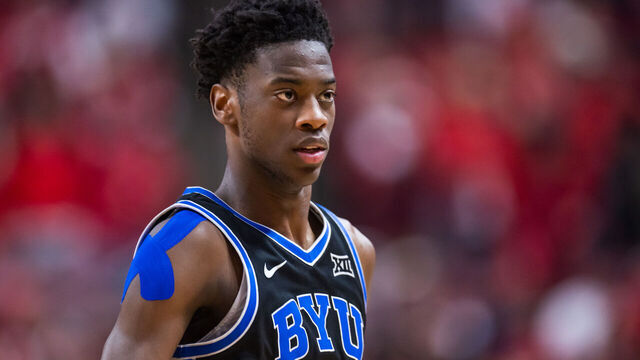 LUBBOCK, TEXAS - JANUARY 17: AJ Dybantsa #3 of the BYU Cougars walks across the court during the first half of the game against the Texas Tech Red Raiders at United Supermarkets Arena on January 17, 2026 in Lubbock, Texas.