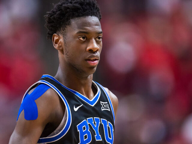 LUBBOCK, TEXAS - JANUARY 17: AJ Dybantsa #3 of the BYU Cougars walks across the court during the first half of the game against the Texas Tech Red Raiders at United Supermarkets Arena on January 17, 2026 in Lubbock, Texas.