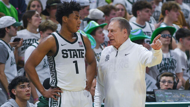 EAST LANSING, MICHIGAN - JANUARY 30: Head Coach Tom Izzo and Jeremy Fears Jr. #1 of the Michigan State Spartans talk on the sideline during the second half of a college basketball game against the Michigan Wolverines at Breslin Center on January 30, 2026 in East Lansing, Michigan.