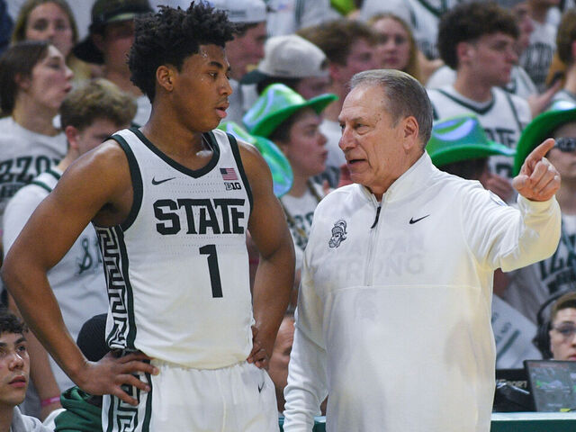 EAST LANSING, MICHIGAN - JANUARY 30: Head Coach Tom Izzo and Jeremy Fears Jr. #1 of the Michigan State Spartans talk on the sideline during the second half of a college basketball game against the Michigan Wolverines at Breslin Center on January 30, 2026 in East Lansing, Michigan.