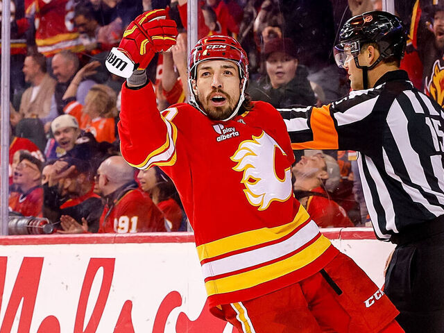CALGARY, CANADA- FEBRUARY 4: Ryan Lomberg #70 of the Calgary Flames celebrates after a goal against the Edmonton Oilers at Scotiabank Saddledome on February 4, 2026 in Calgary, Alberta, Canada.