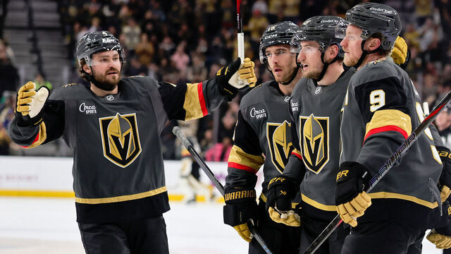 LAS VEGAS, NEVADA - FEBRUARY 04: Rasmus Andersson #4, Noah Hanifin #15, Ivan Barbashev #49 and Jack Eichel #9 of the Vegas Golden Knights celebrate Barbashev's second-period goal against the Vancouver Canucks during their game at T-Mobile Arena on February 04, 2026 in Las Vegas, Nevada.