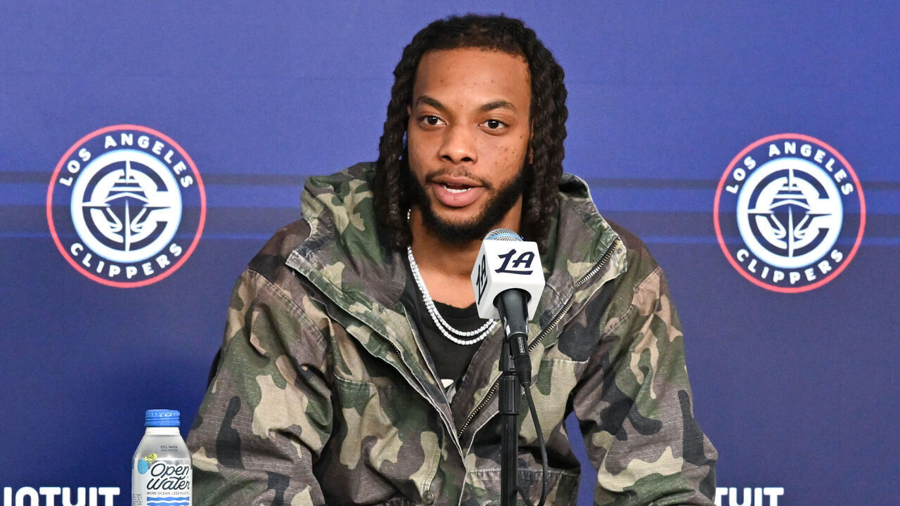 INGLEWOOD, CALIFORNIA - FEBRUARY 04: Darius Garland speaks at a press conference during a basketball game between the Los Angeles Clippers and Cleveland Cavaliers at Intuit Dome on February 04, 2026 in Inglewood, California. NOTE TO USER: User expressly acknowledges and agrees that, by downloading and/or using this Photograph, user is consenting to the terms and conditions of the Getty Images License Agreement.