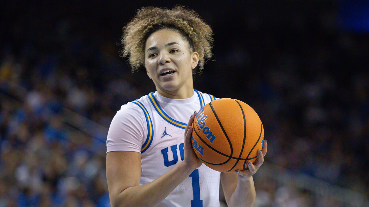LOS ANGELES, CA - FEBRUARY 1: UCLA Bruins guard Kiki Rice #1 between game play in the second half of a women's college basketball game between the Iowa Hawkeyes and the UCLA Bruins on February 1, 2026, at Pauley Pavilion in Los Angeles, CA.