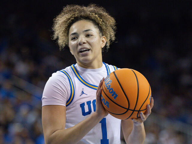LOS ANGELES, CA - FEBRUARY 1: UCLA Bruins guard Kiki Rice #1 between game play in the second half of a women's college basketball game between the Iowa Hawkeyes and the UCLA Bruins on February 1, 2026, at Pauley Pavilion in Los Angeles, CA.