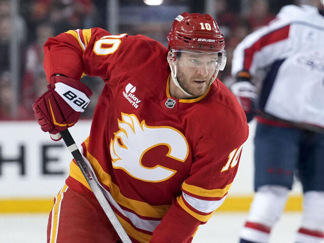 CALGARY, CANADA - JANUARY 23: Jonathan Huberdeau #10 of the Calgary Flames skates against the Washington Capitals during the first period at the Scotiabank Saddledome on January 23, 2026 in Calgary, Canada.