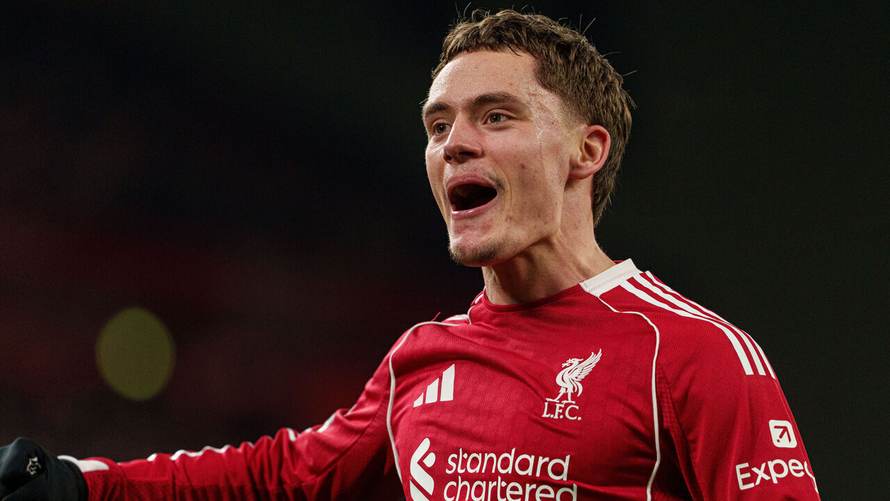 Florian Wirtz celebrates after scoring Liverpool's third goal during the Premier League match between Liverpool and Newcastle United at Anfield in Liverpool, England, on January 31, 2026.