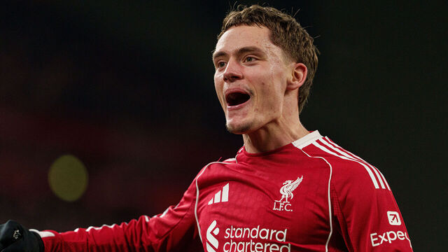 Florian Wirtz celebrates after scoring Liverpool's third goal during the Premier League match between Liverpool and Newcastle United at Anfield in Liverpool, England, on January 31, 2026.