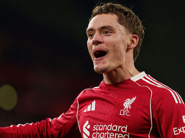 Florian Wirtz celebrates after scoring Liverpool's third goal during the Premier League match between Liverpool and Newcastle United at Anfield in Liverpool, England, on January 31, 2026.