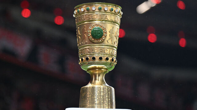 The German Cup trophy is displayed prior to the German Cup (DFB-Pokal) quartefinal football match between Bayer 04 Leverkusen and FC St. Pauli in Leverkusen, western Germany on February 3, 2026. / DFB REGULATIONS PROHIBIT ANY USE OF PHOTOGRAPHS AS IMAGE SEQUENCES AND QUASI-VIDEO.