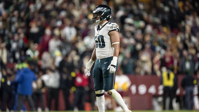 LANDOVER, MARYLAND - DECEMBER 20: Jaelan Phillips #50 of the Philadelphia Eagles looks on during an NFL football game against the Washington Commanders at Northwest Stadium on December 20, 2025 in Landover, Maryland.