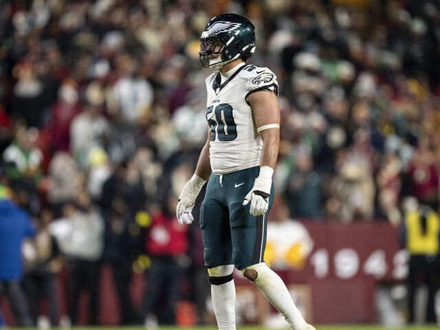LANDOVER, MARYLAND - DECEMBER 20: Jaelan Phillips #50 of the Philadelphia Eagles looks on during an NFL football game against the Washington Commanders at Northwest Stadium on December 20, 2025 in Landover, Maryland.