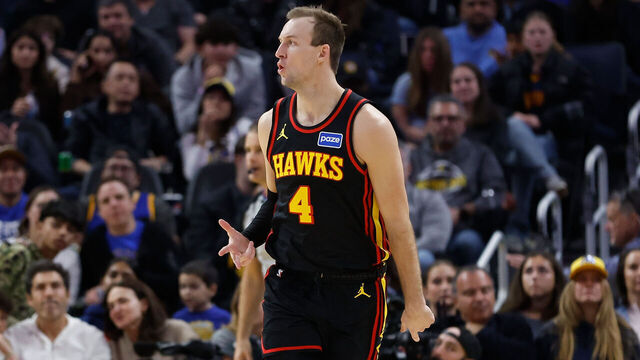 SAN FRANCISCO, CALIFORNIA - JANUARY 11: Luke Kennard #3 of the Atlanta Hawks reacts after making a three-point shot in the second half against the Golden State Warriors at Chase Center on January 11, 2026 in San Francisco, California.