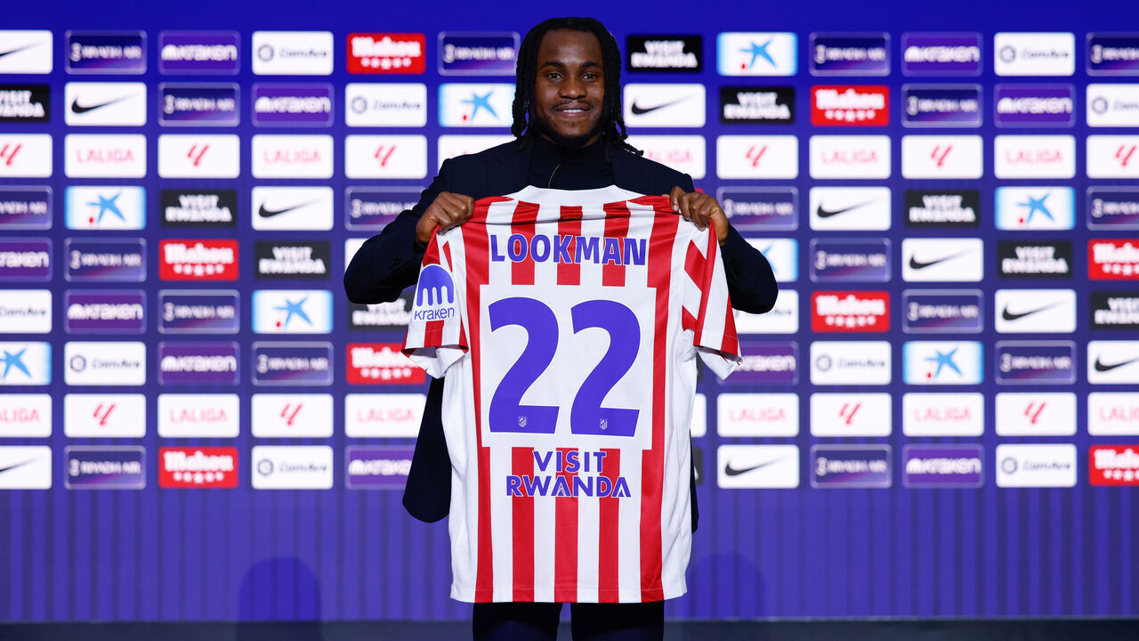 MADRID, SPAIN - FEBRUARY 03: Ademola Lookman poses for photo with the #22 T-Shirt during his presentation as a new player of Atletico de Madrid at Riyadh Air Metropolitano stadium on February 03, 2026, in Madrid, Spain.