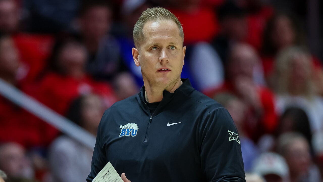 SALT LAKE CITY, UTAH - JANUARY 10: Kevin Young of the BYU Cougars looks on during the first half of the game against the Utah Utes at Jon M. Huntsman Center on January 10, 2026 in Salt Lake City, Utah.