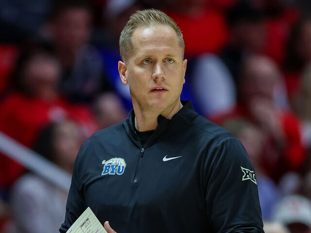 SALT LAKE CITY, UTAH - JANUARY 10: Kevin Young of the BYU Cougars looks on during the first half of the game against the Utah Utes at Jon M. Huntsman Center on January 10, 2026 in Salt Lake City, Utah.