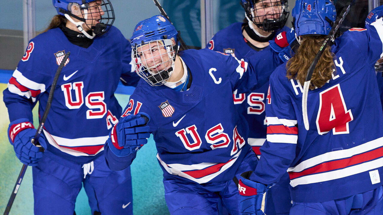 MILAN, ITALY - FEBRUARY 5: Hilary Knight celebrates her 4-1 goal in the preliminary women ice hockey group A match of Milano Cortina 2026 Winter Olympics between USA vs Czech Republic at Milano Rho Ice Hockey Arena on February 5, 2026 in Milan, Italy.