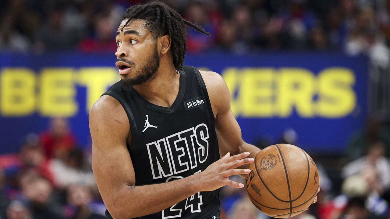 DETROIT, MICHIGAN - FEBRUARY 01: Cam Thomas #24 of the Brooklyn Nets looks to pass the ball during the third quarter of a game against the Detroit Pistons at Little Caesars Arena on February 01, 2026 in Detroit, Michigan.