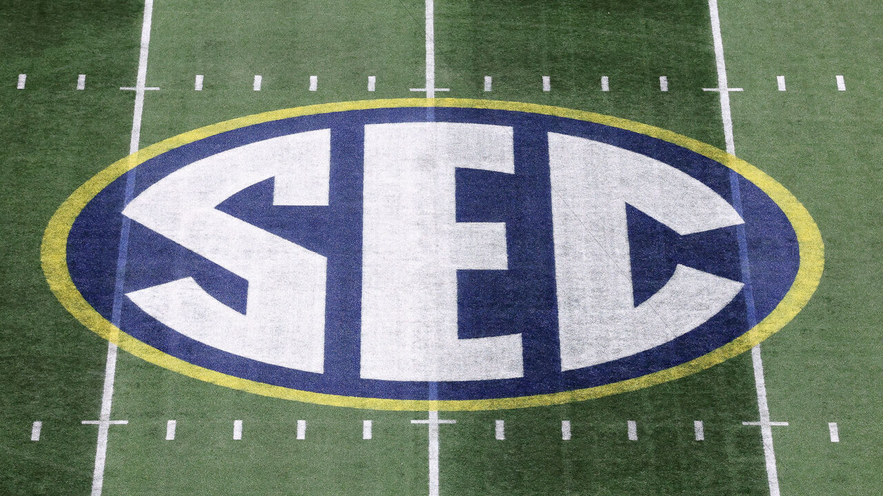 ATLANTA, GEORGIA - DECEMBER 06: A view of the SEC logo on the field prior to the 2025 SEC Championship between the Georgia Bulldogs and Alabama Crimson Tide at Mercedes-Benz Stadium on December 06, 2025 in Atlanta, Georgia.