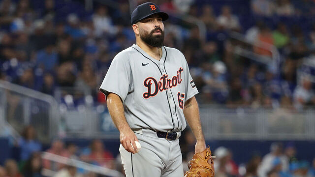 MIAMI, FLORIDA - SEPTEMBER 14: Jose Urquidy #65 of the Detroit Tigers looks on during the seventh inning against the Miami Marlins at loanDepot park on September 14, 2025 in Miami, Florida.