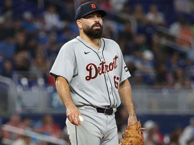 MIAMI, FLORIDA - SEPTEMBER 14: Jose Urquidy #65 of the Detroit Tigers looks on during the seventh inning against the Miami Marlins at loanDepot park on September 14, 2025 in Miami, Florida.
