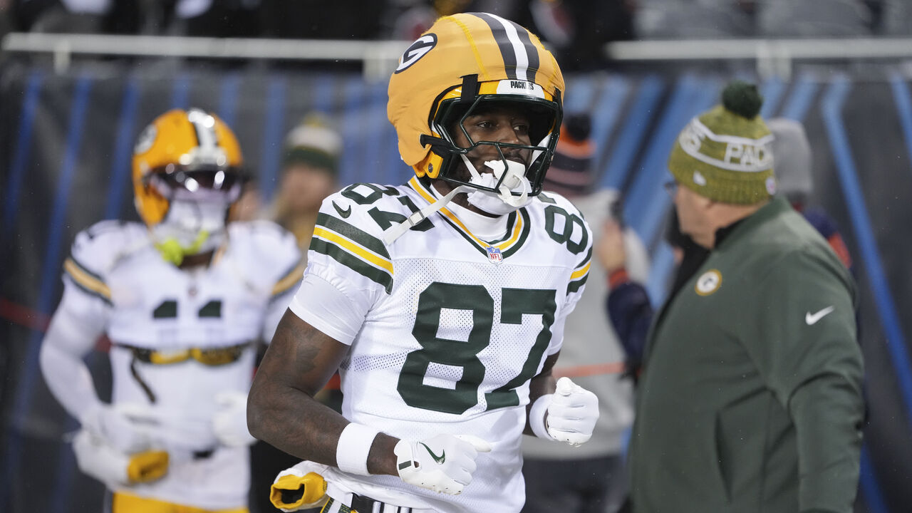 CHICAGO, ILLINOIS - JANUARY 10: Romeo Doubs #87 of the Green Bay Packers enters the field prior to an NFL football Wild Card game against the Chicago Bears at Solider Field on January 10, 2026 in Chicago, Illinois.