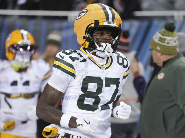 CHICAGO, ILLINOIS - JANUARY 10: Romeo Doubs #87 of the Green Bay Packers enters the field prior to an NFL football Wild Card game against the Chicago Bears at Solider Field on January 10, 2026 in Chicago, Illinois.