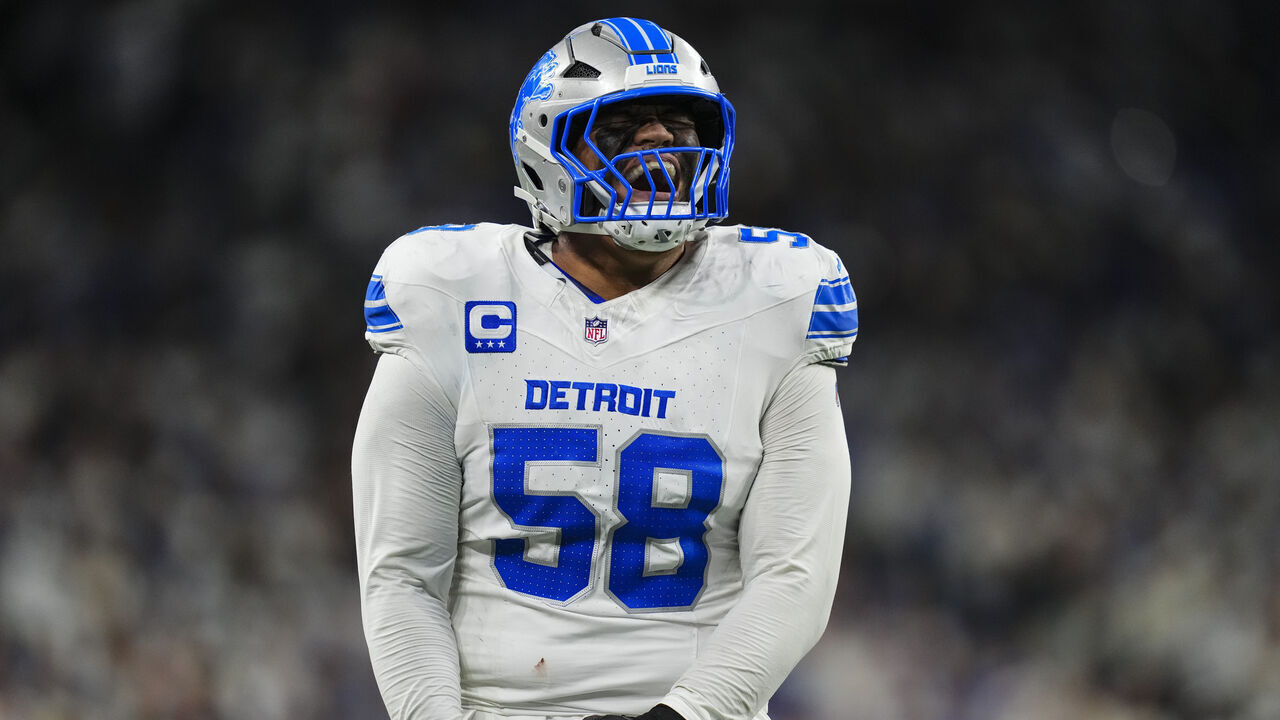 DETROIT, MI - DECEMBER 04: Penei Sewell #58 of the Detroit Lions celebrates during an NFL football game against the Dallas Cowboys at Ford Field on December 4, 2025 in Detroit, Michigan.