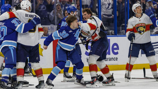 TAMPA, FL - FEBRUARY 5: Brandon Hagel #38 of the Tampa Bay Lightning fights against Matthew Tkachuk #19 of the Florida Panthers at Benchmark International Arena on February 5, 2026 in Tampa, Florida.