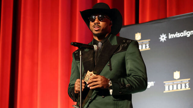 Cleveland Browns' Myles Garrett talks to the media after winning Defensive Player of the Year award during NFL Honors at Palace of Fine Arts in San Francisco on Thursday, February 5, 2026.