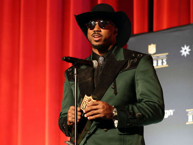 Cleveland Browns' Myles Garrett talks to the media after winning Defensive Player of the Year award during NFL Honors at Palace of Fine Arts in San Francisco on Thursday, February 5, 2026.