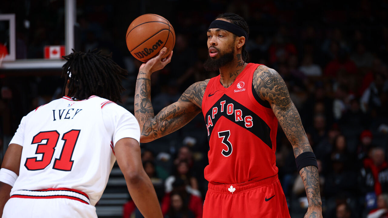 TORONTO, CANADA - FEBRUARY 5: Brandon Ingram #3 of the Toronto Raptors looks to pass the ball during the game against the Chicago Bulls on February 5, 2026 at the Scotiabank Arena in Toronto, Ontario, Canada. Mandatory Copyright Notice: Copyright 2026 NBAE