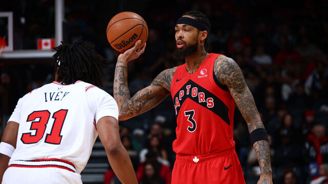 TORONTO, CANADA - FEBRUARY 5: Brandon Ingram #3 of the Toronto Raptors looks to pass the ball during the game against the Chicago Bulls on February 5, 2026 at the Scotiabank Arena in Toronto, Ontario, Canada. Mandatory Copyright Notice: Copyright 2026 NBAE