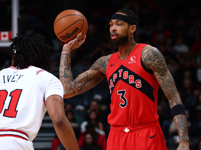 TORONTO, CANADA - FEBRUARY 5: Brandon Ingram #3 of the Toronto Raptors looks to pass the ball during the game against the Chicago Bulls on February 5, 2026 at the Scotiabank Arena in Toronto, Ontario, Canada. Mandatory Copyright Notice: Copyright 2026 NBAE