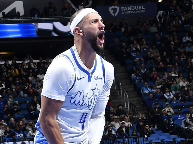ORLANDO, FL - FEBRUARY 5: Jalen Suggs #4 of the Orlando Magic celebrates during the game against the Brooklyn Nets on February 5, 2026 at Kia Center in Orlando, Florida. Mandatory Copyright Notice: Copyright 2026 NBAE