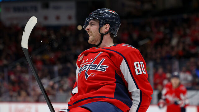 WASHINGTON, DC - FEBRUARY 5: Pierre-Luc Dubois #80 of the Washington Capitals celebrates a first period goal against the Nashville Predators at Capital One Arena on February 5, 2026 in Washington, D.C.